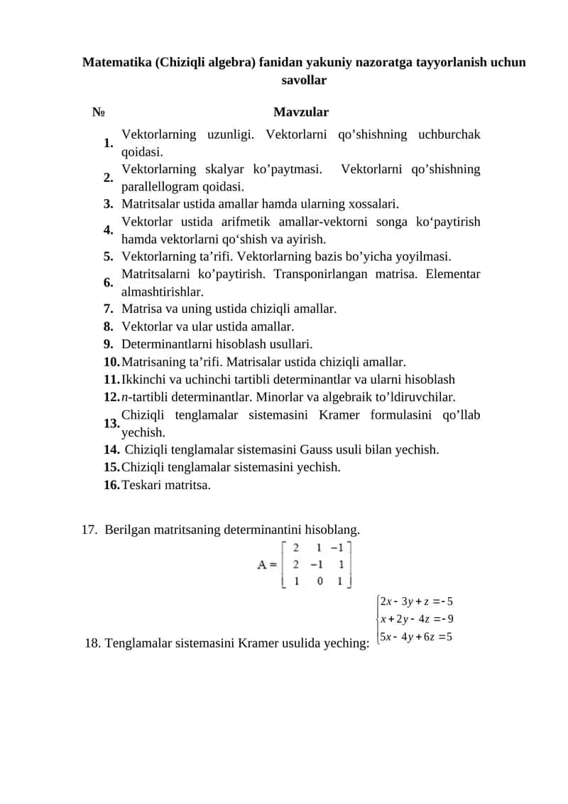 Matematika (Chiziqli algebra) fanidan yakuniy nazoratga tayyorlanish uchun savollar