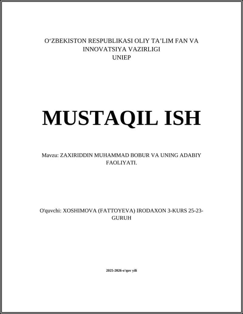 ZAXIRIDDIN MUHAMMAD BOBUR VA UNING ADABIY FAOLIYATI