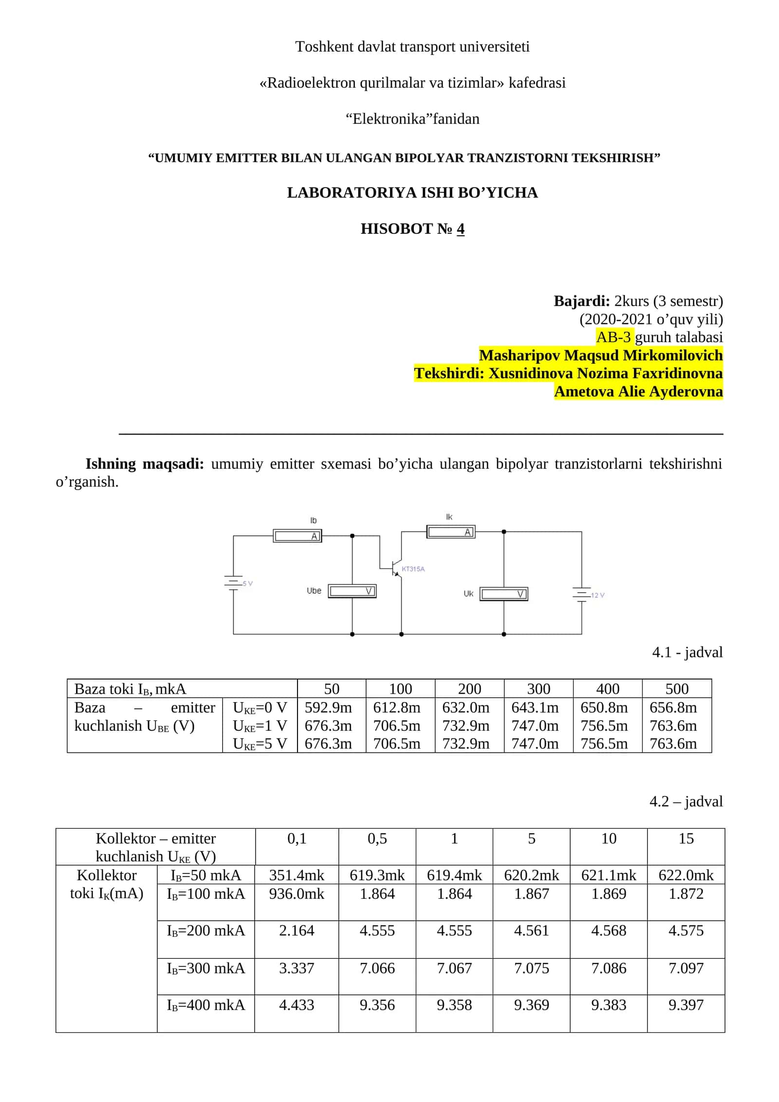 UMUMIY EMITTER BILAN ULANGAN BIPOLYAR TRANZISTORNI TEKSHIRISH
