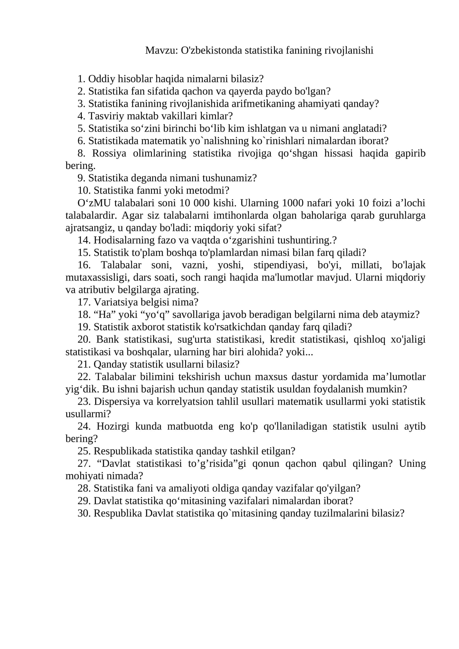 O'zbekistonda statistika fanining rivojlanishi