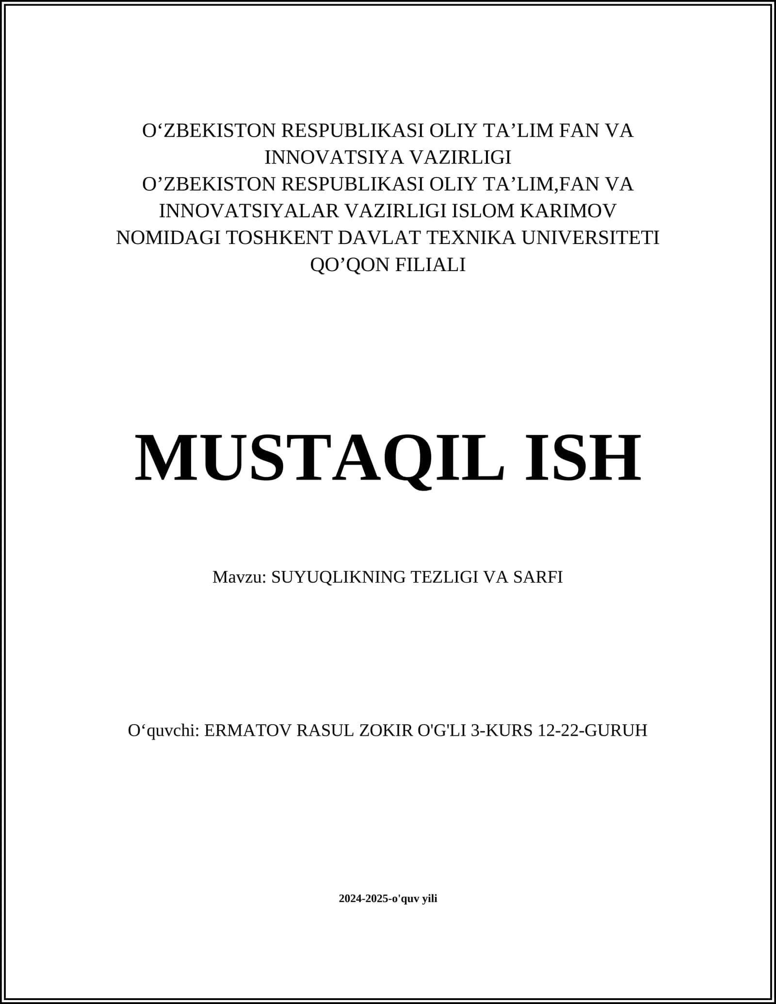SUYUQLIKNING TEZLIGI VA SARFI