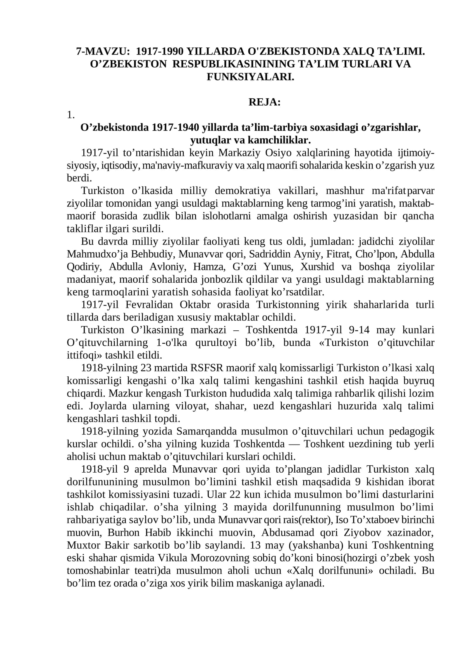 1917-1990 YILLARDA O'ZBEKISTONDA XALQ TA’LIMI. O’ZBEKISTON RESPUBLIKASININING TA’LIM TURLARI VA FUNKSIYALARI