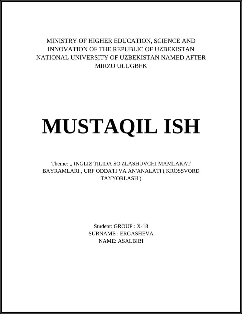 INGLIZ TILIDA SO'ZLASHUVCHI MAMLAKAT BAYRAMLARI, URF ODDATI VA AN'ANALATI ( KROSSVORD TAYYORLASH )