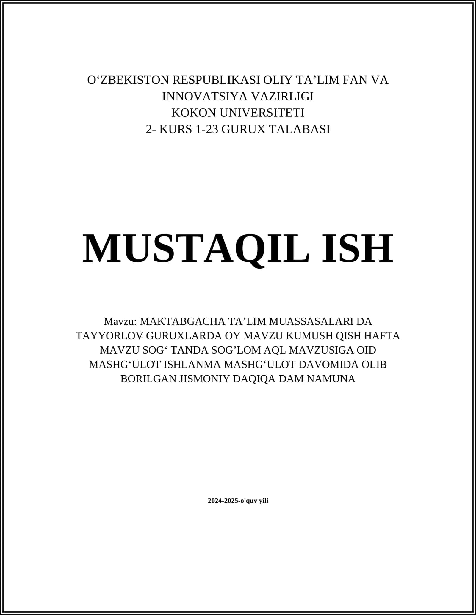 MAKTABGACHA TAʼLIM MUASSASALARI DA TAYYORLOV GURUXLARDA OY MAVZU KUMUSH QISH HAFTA MAVZU SOGʻ TANDA SOGʼLOM AQL MAVZUSIGA OID MASHGʻULOT ISHLANMA