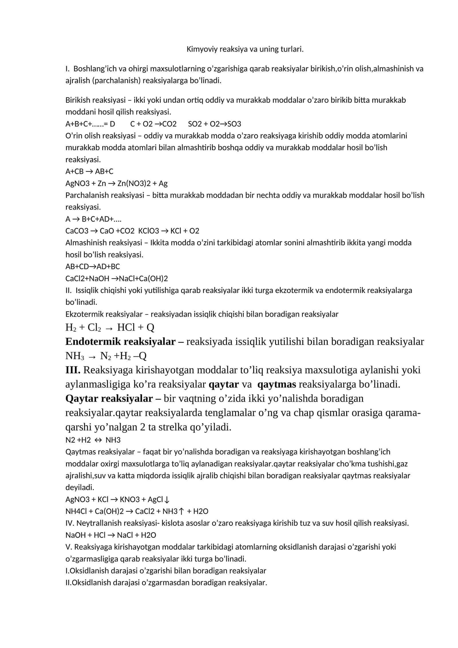 Kimyoviy reaksiya va uning turlari