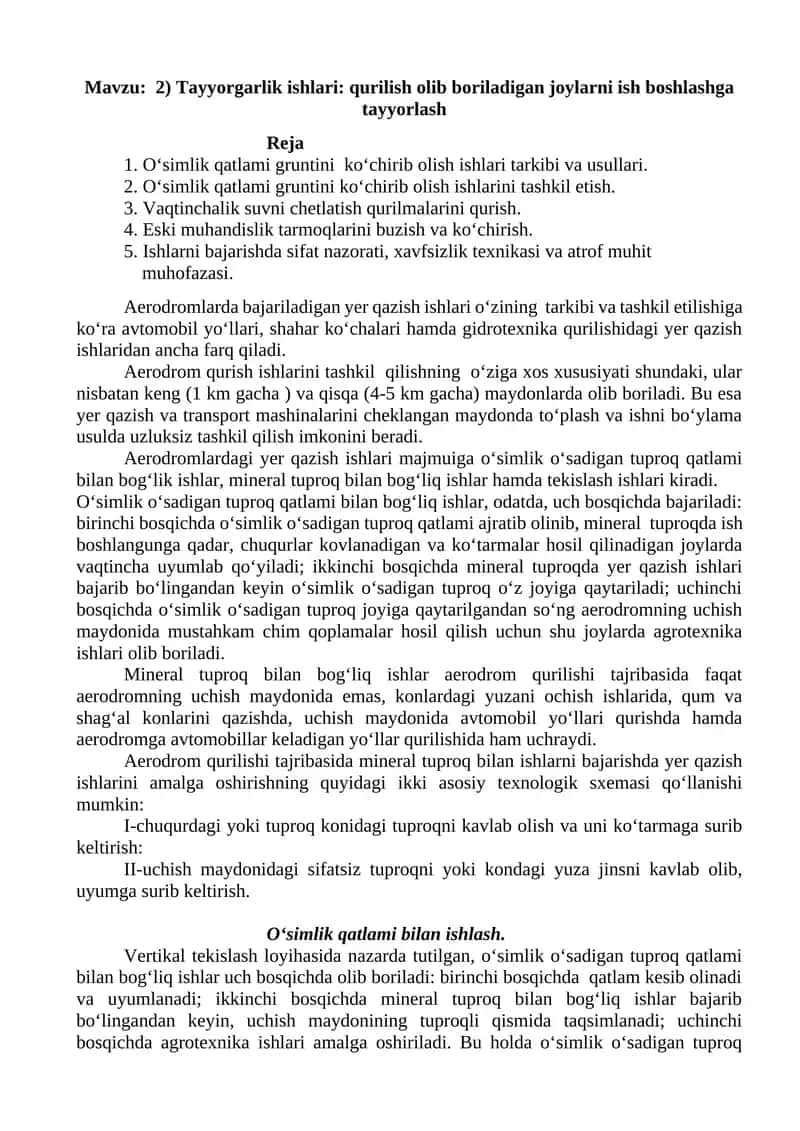 Tayyorgarlik ishlari: qurilish olib boriladigan joylarni ish boshlashga tayyorlash