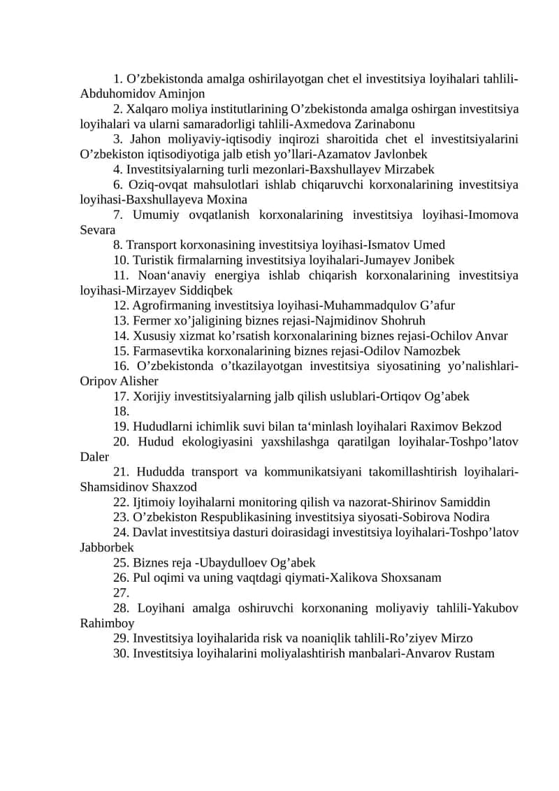 Oziq-ovqat mahsulotlari ishlab chiqaruvchi korxonalarining investitsiya loyihasi