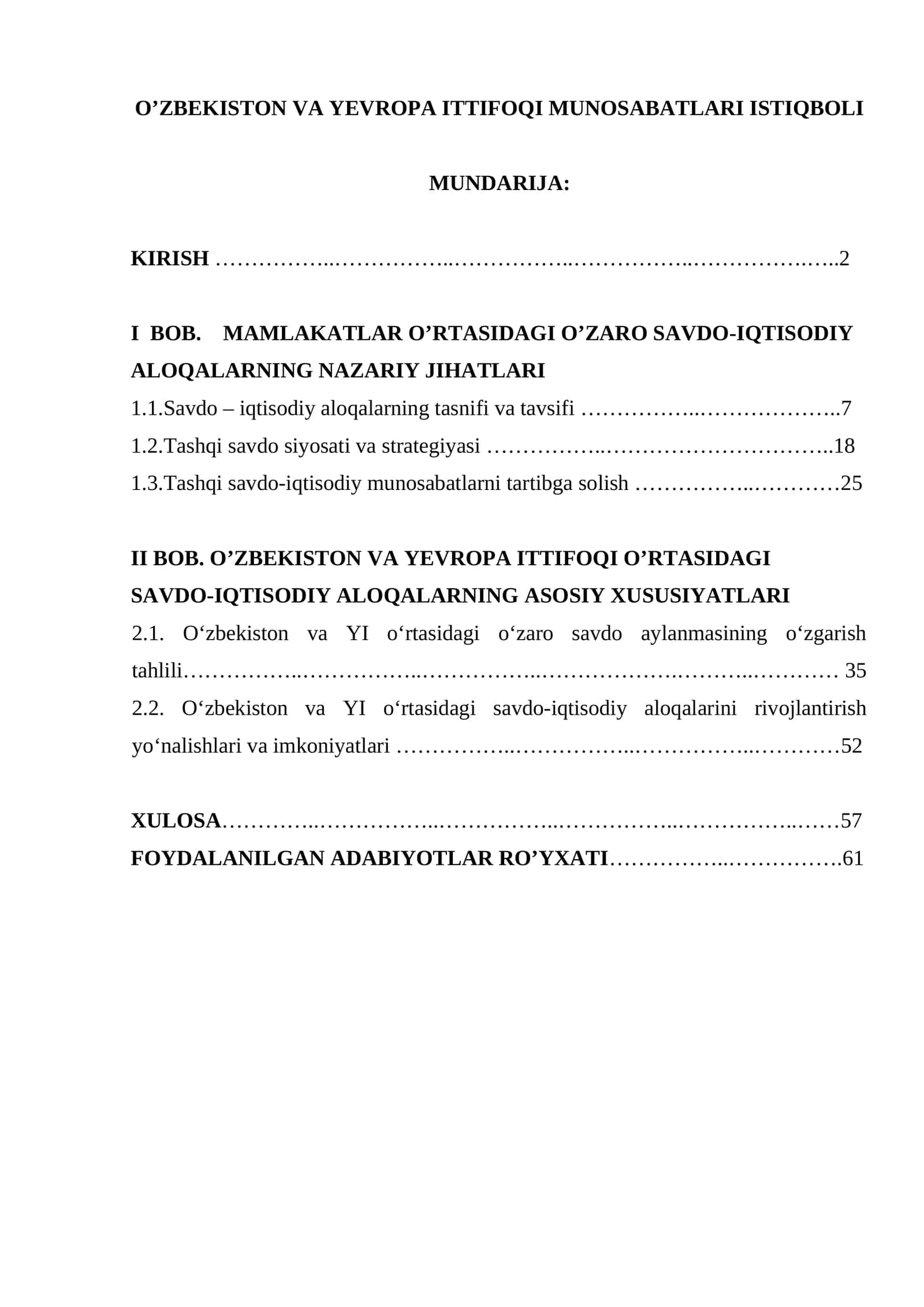 O'ZBEKISTON VA YEVROPA ITTIFOQI MUNOSABATLARI ISTIQBOLI