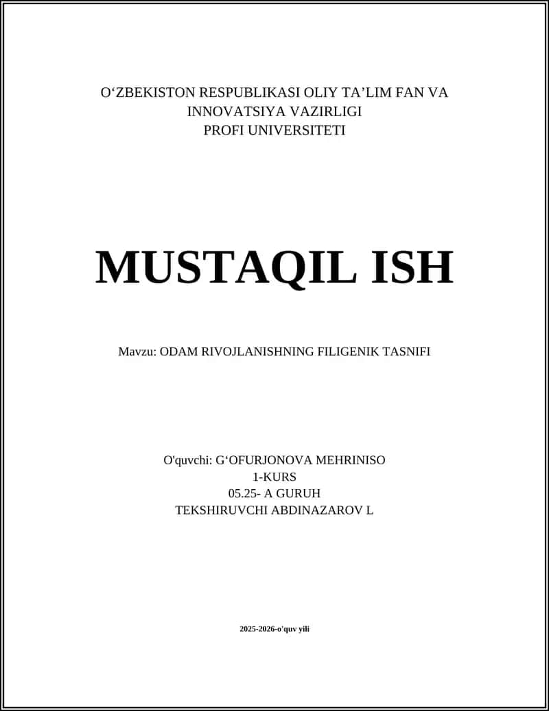 ODAM RIVOJLANISHNING FILIGENIK TASNIFI