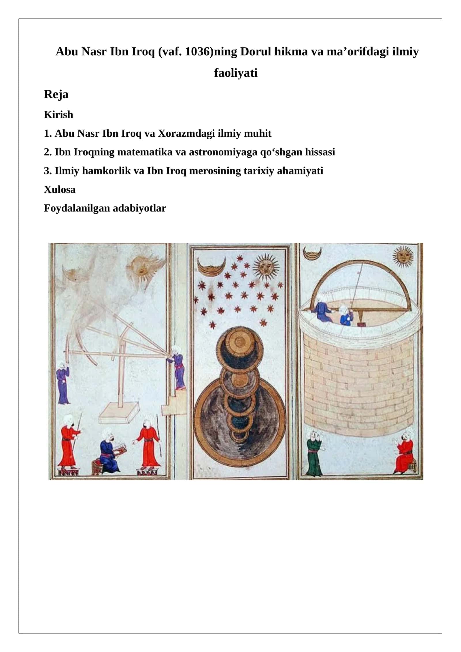 Abu Nasr Ibn Iroq (vaf. 1036)ning Dorul hikma va ma’orifdagi ilmiy faoliyati.