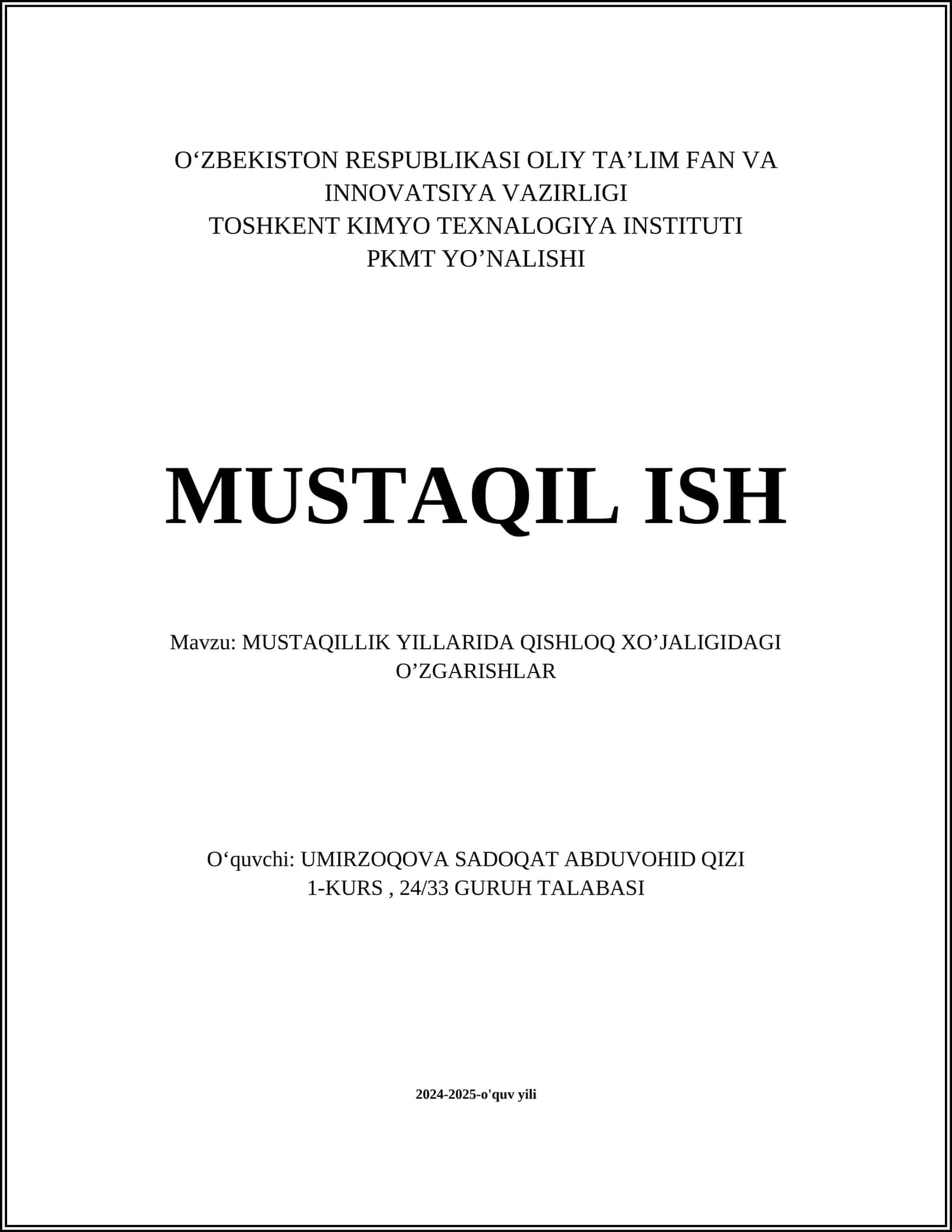 MUSTAQILLIK YILLARIDA QISHLOQ XO’JALIGIDAGI O’ZGARISHLAR