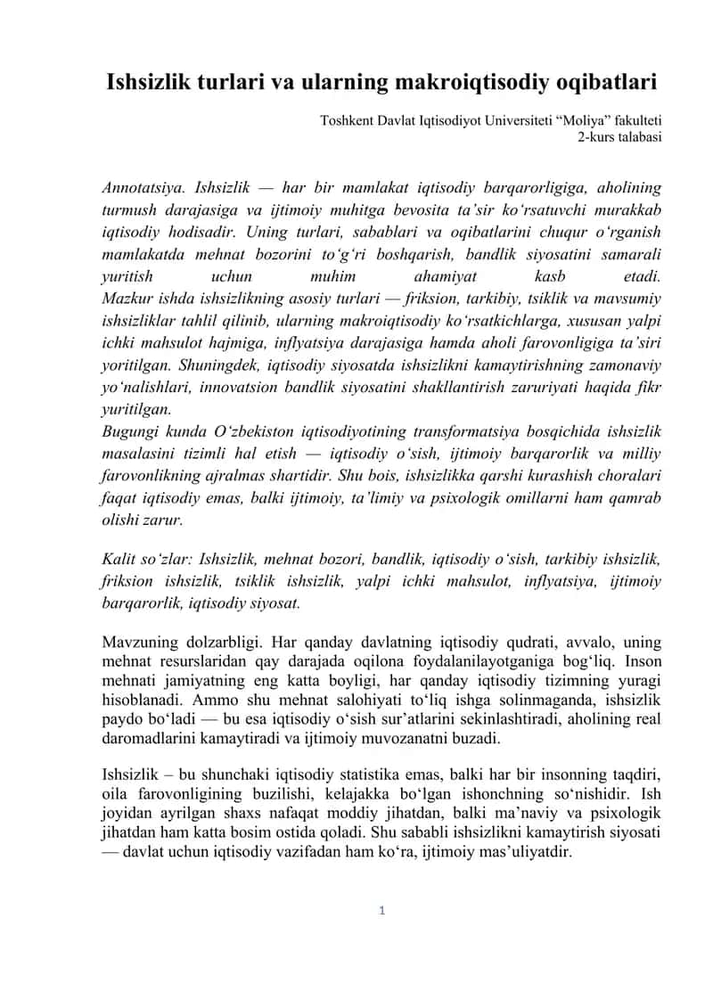 Ishsizlik turlari va ularning makroiqtisodiy oqibatlari
