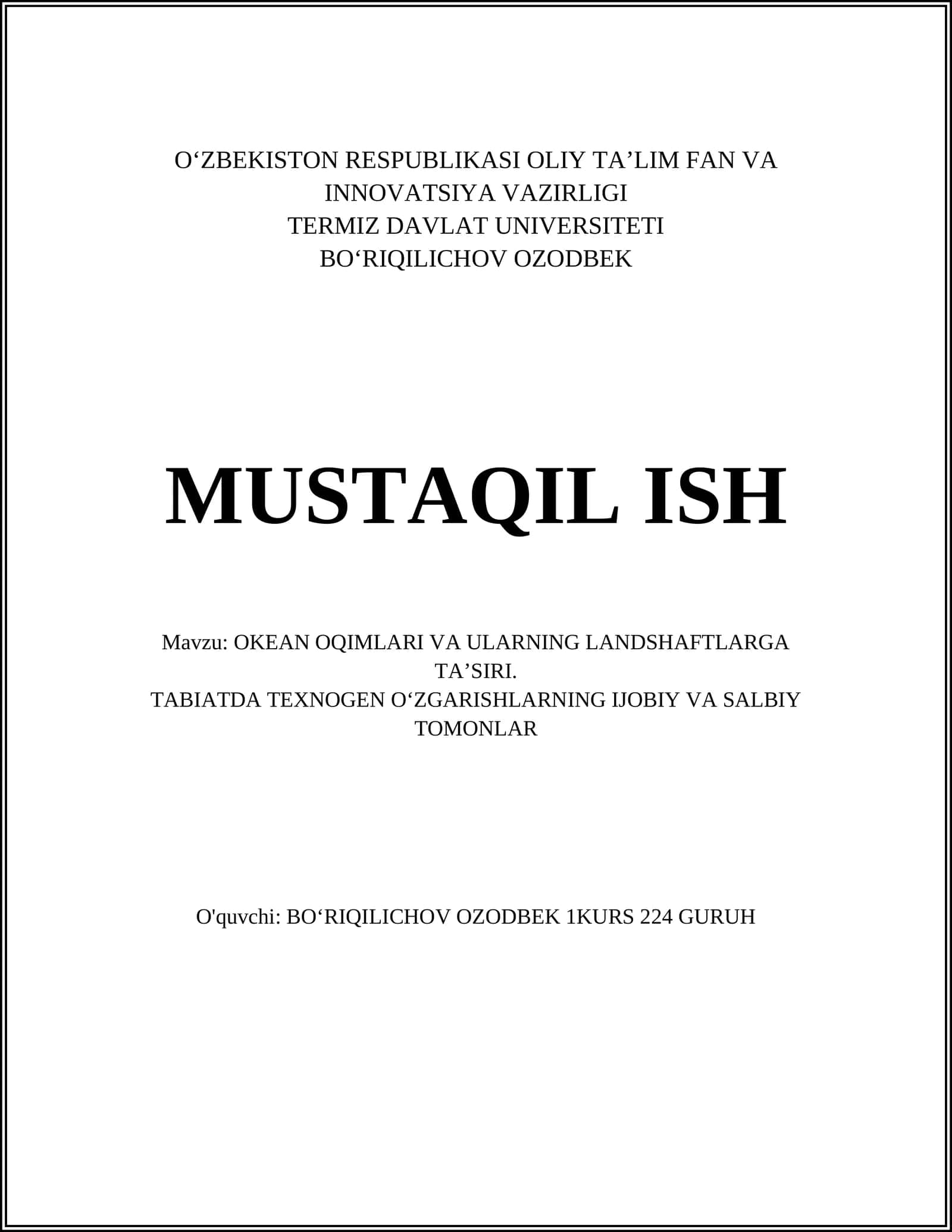 OKEAN OQIMLARI VA ULARNING LANDSHAFTLARGA TA’SIRI