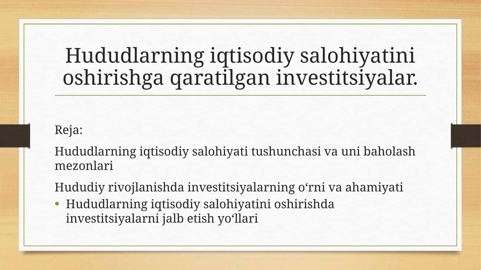 Hududlarning iqtisodiy salohiyatini oshirishga qaratilgan investitsiyalar.