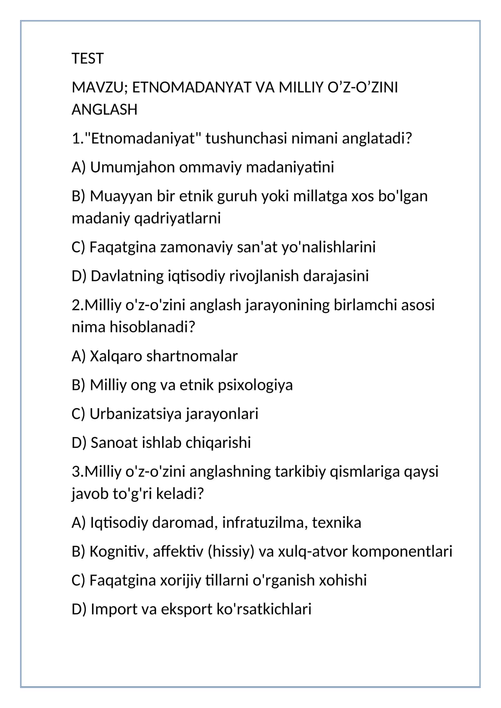 etnomadanyat mavzu yuzisidan test