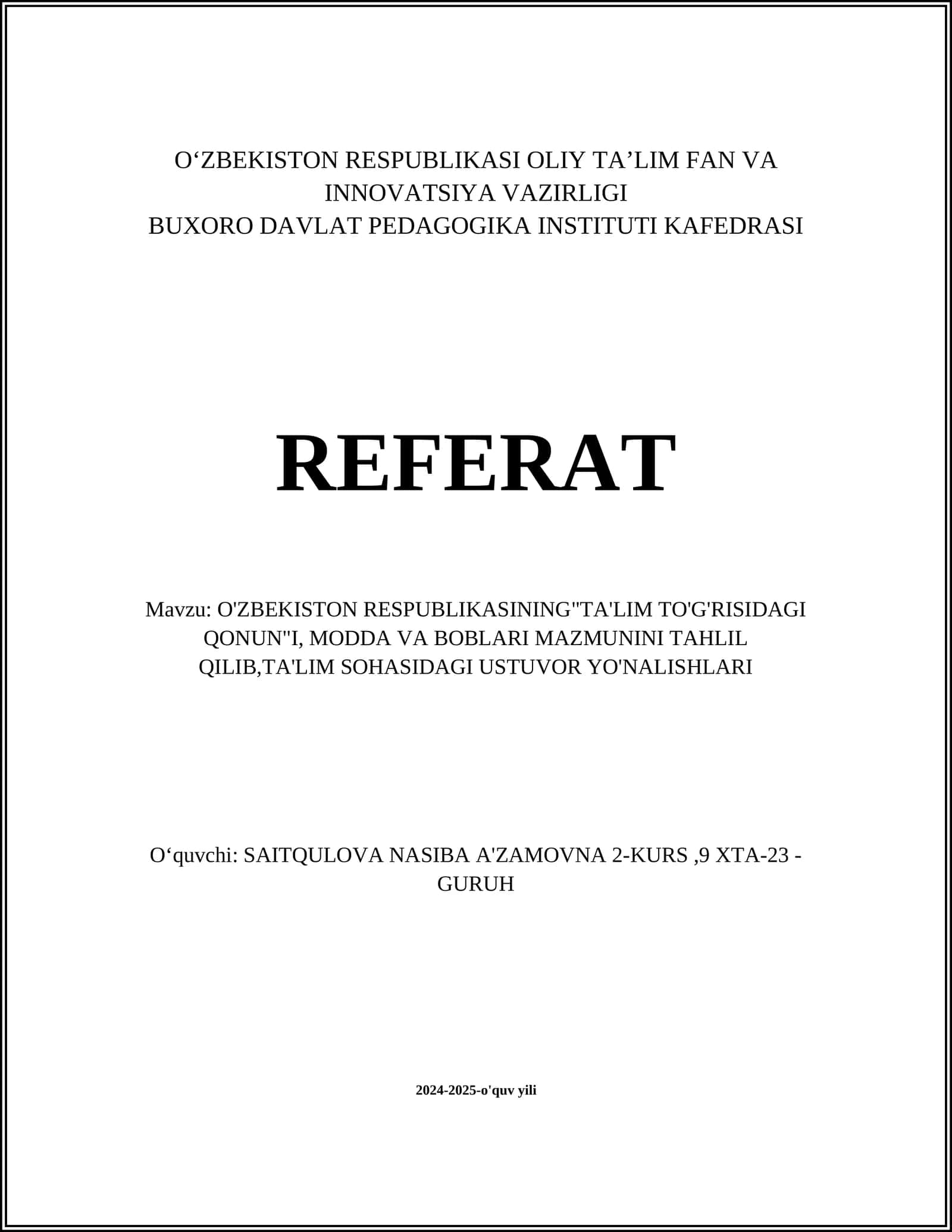 O‘zbekiston Respublikasining"TA'LIM TO'G'RISIDAGI QONUN"