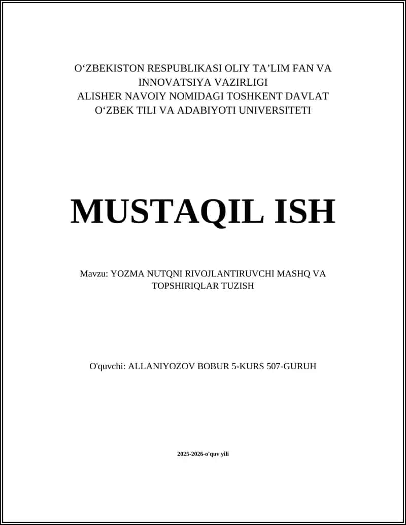 YOZMA NUTQNI RIVOJLANTIRUVCHI MASHQ VA TOPSHIRIQLAR TUZISH