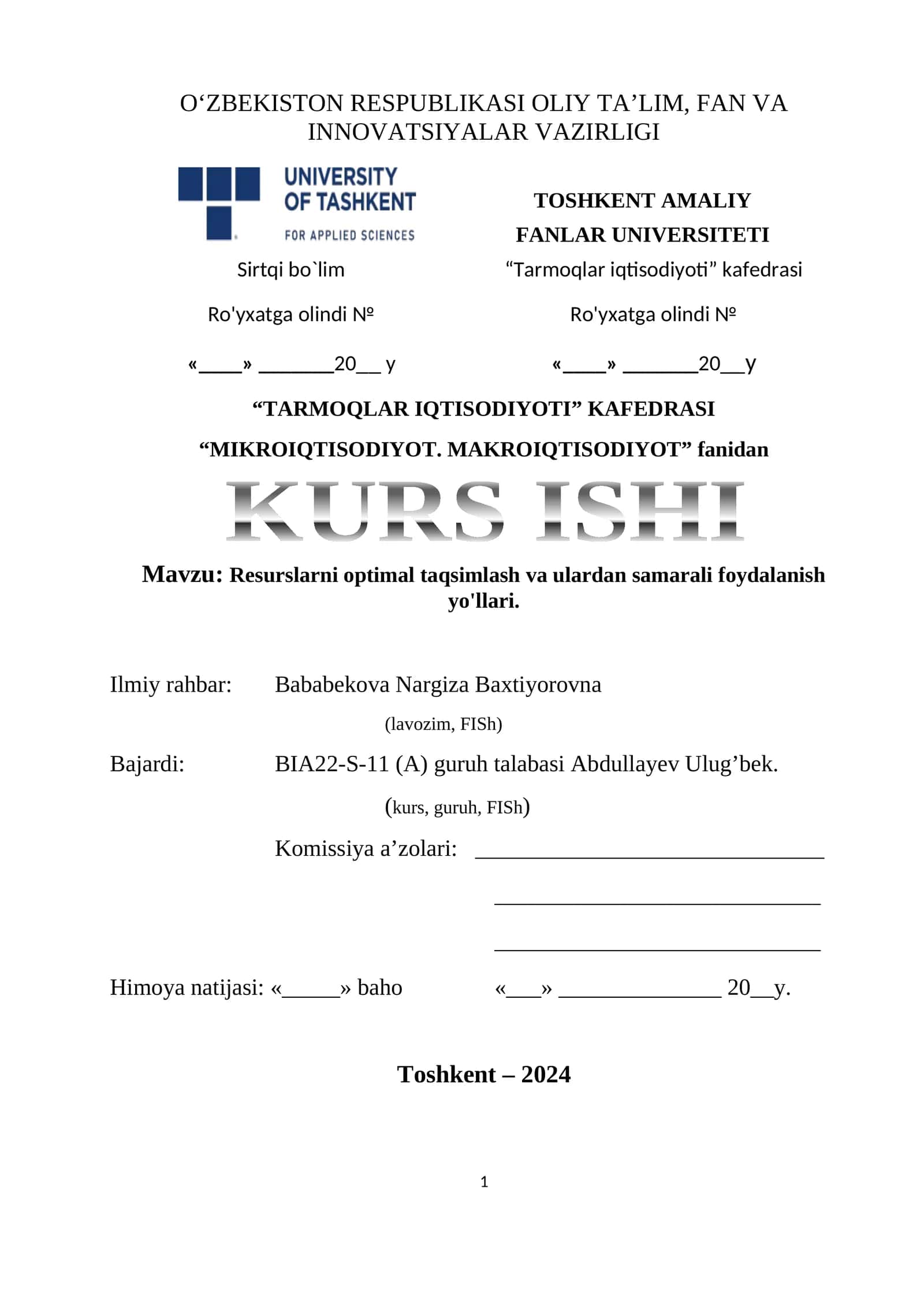 Tarmoqlar iqtisodiyoti Kafedrasi Kurs ishi