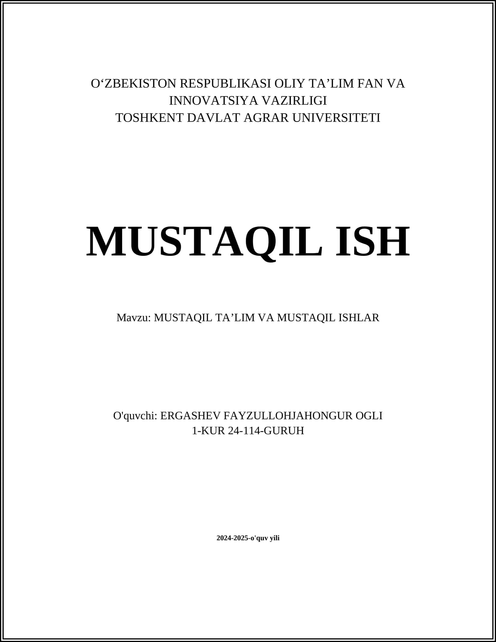 MUSTAQIL TAʼLIM VA MUSTAQIL ISHLAR