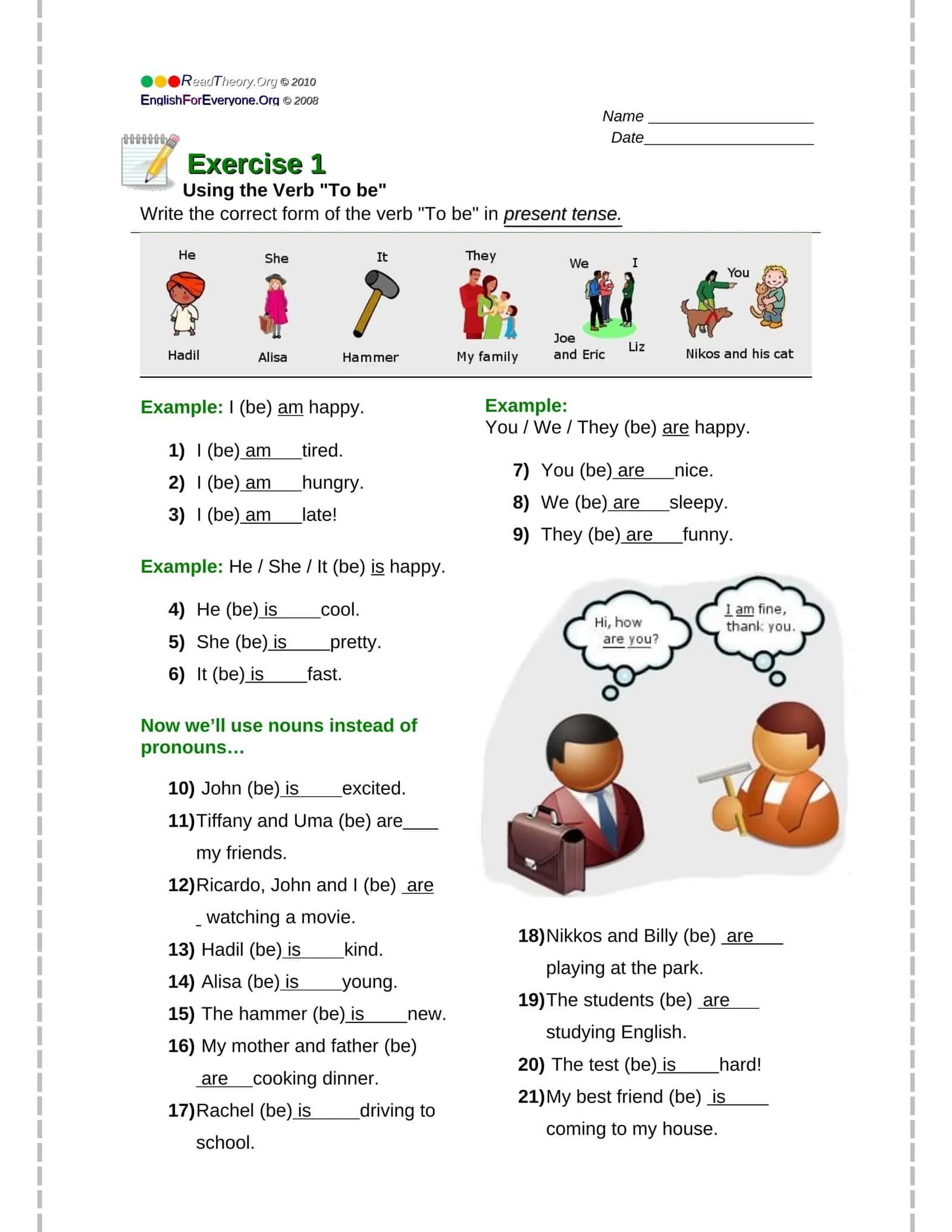 Exercise 1 Using the Verb "To be"