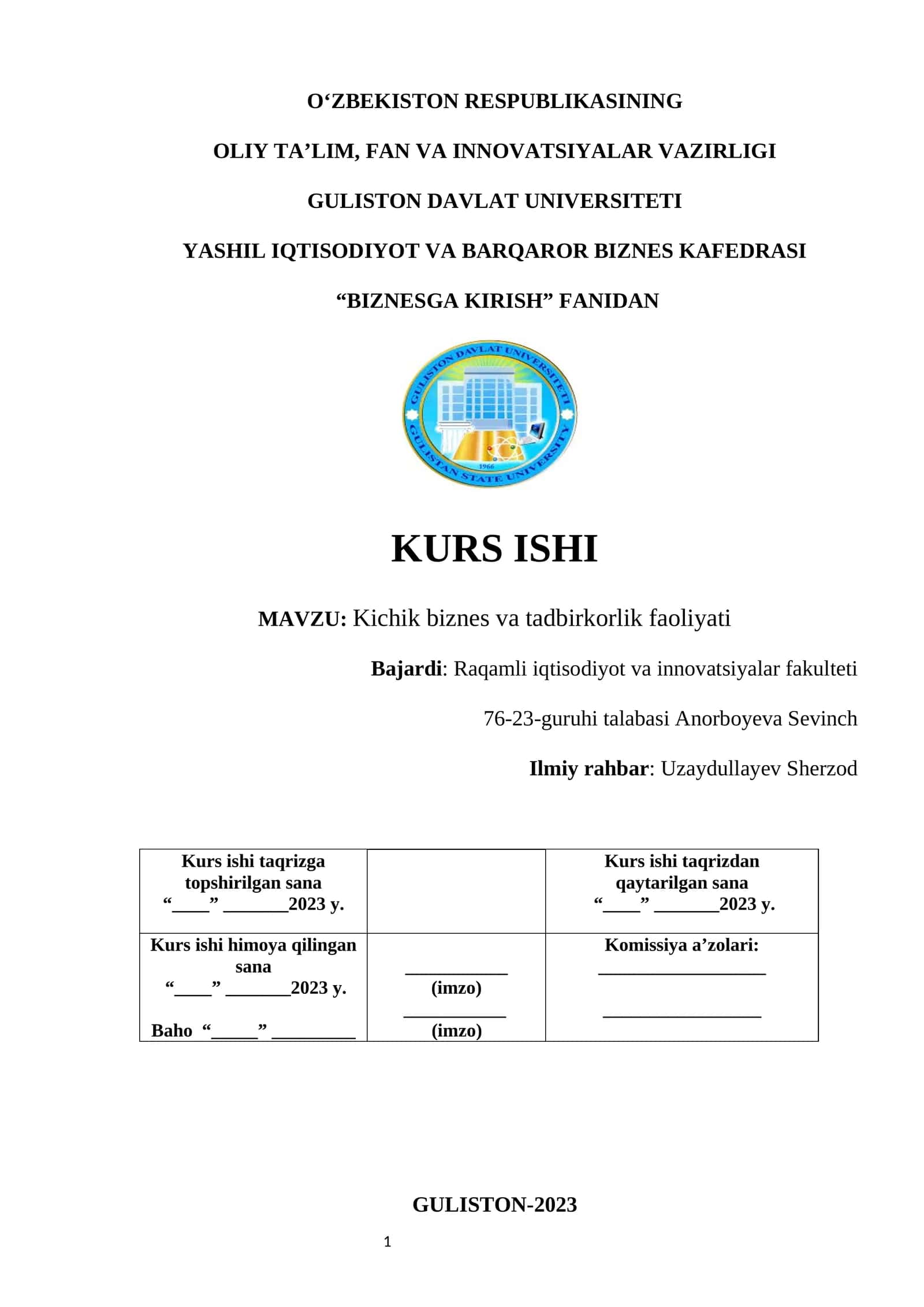 Kichik biznes va tadbirkorlik faoliyati