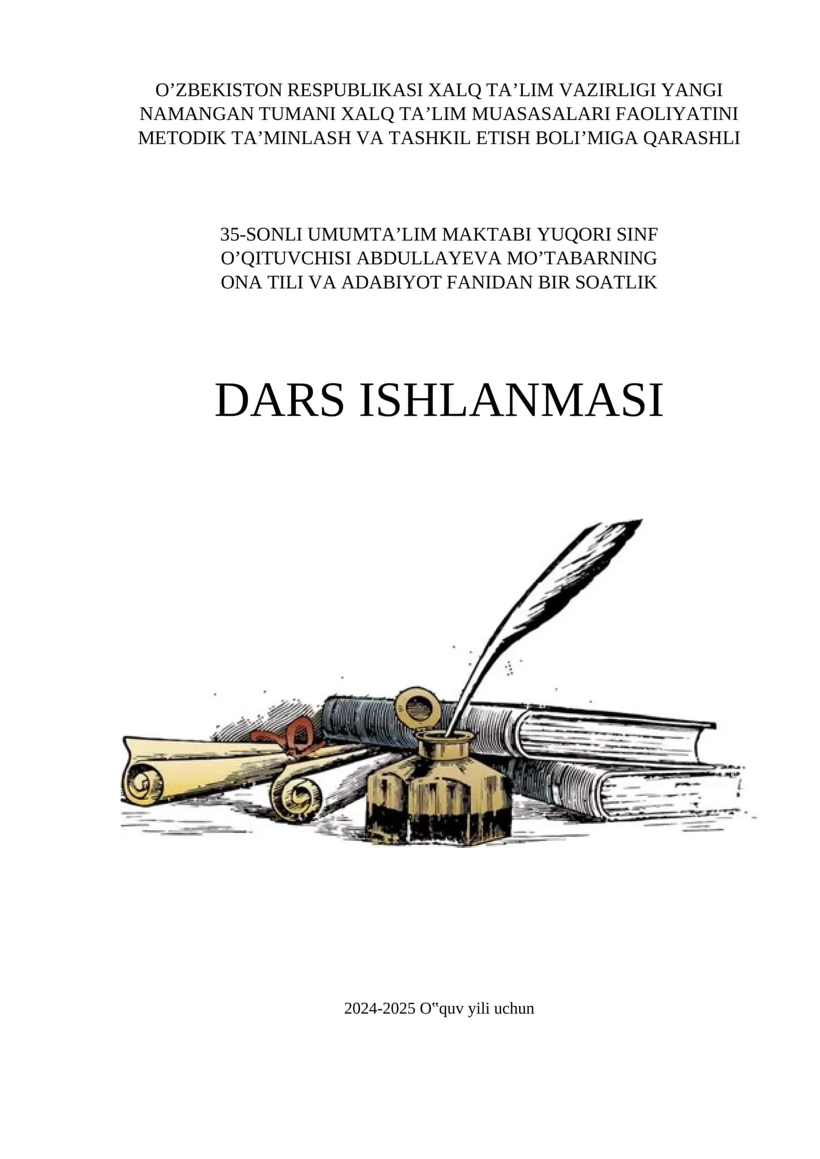 Yangi Namangan Tumani 35-Sonli Umumta’lim Maktabi Ona Tili va Adabiyot Fanidan Bir Soatlik Dars Ishlanmasi