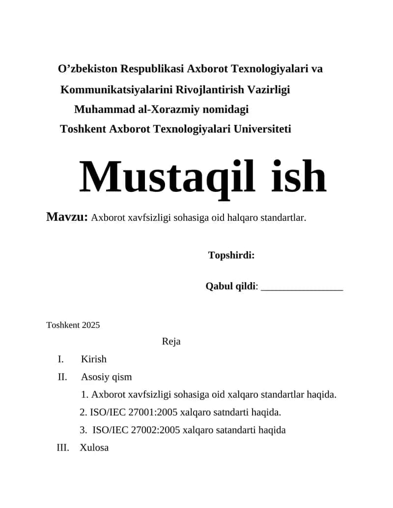 Axborot xavfsizligi sohasiga oid xalqaro standartlar