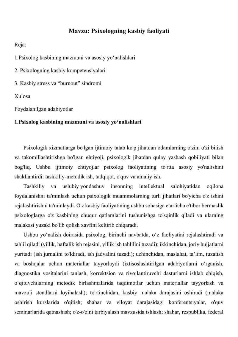 Psixologning kasbiy faoliyati