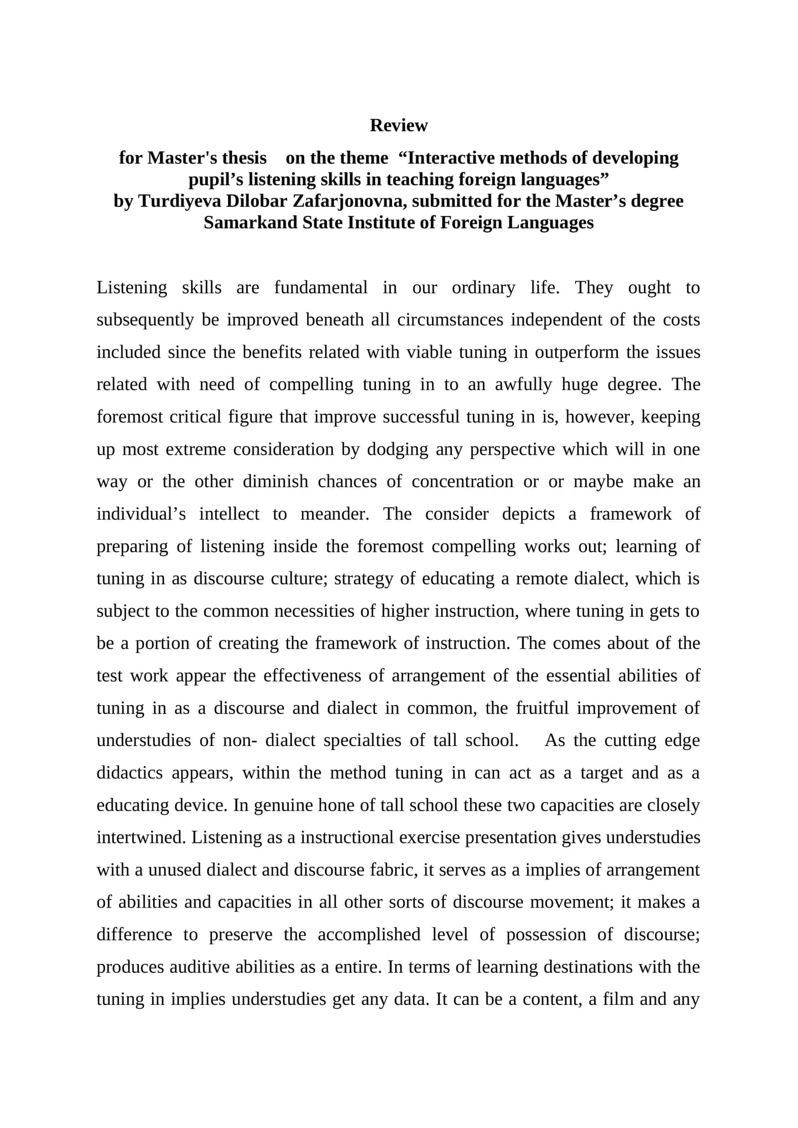 Master's thesis on the theme “Interactive methods of developing pupil’s listening skills in teaching foreign languages”