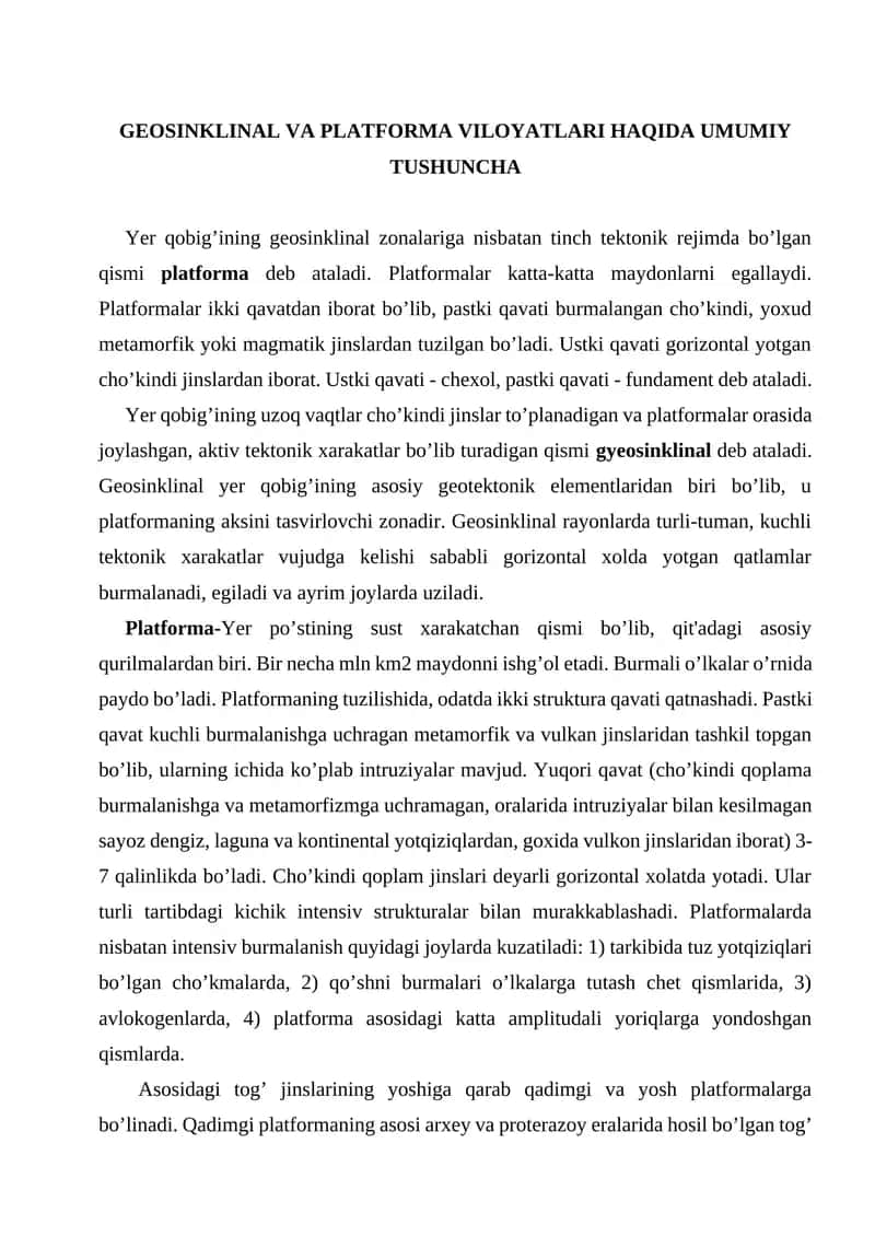 GEOSINKLINAL VA PLATFORMA VILOYATLARI HAQIDA UMUMIY TUSHUNCHA