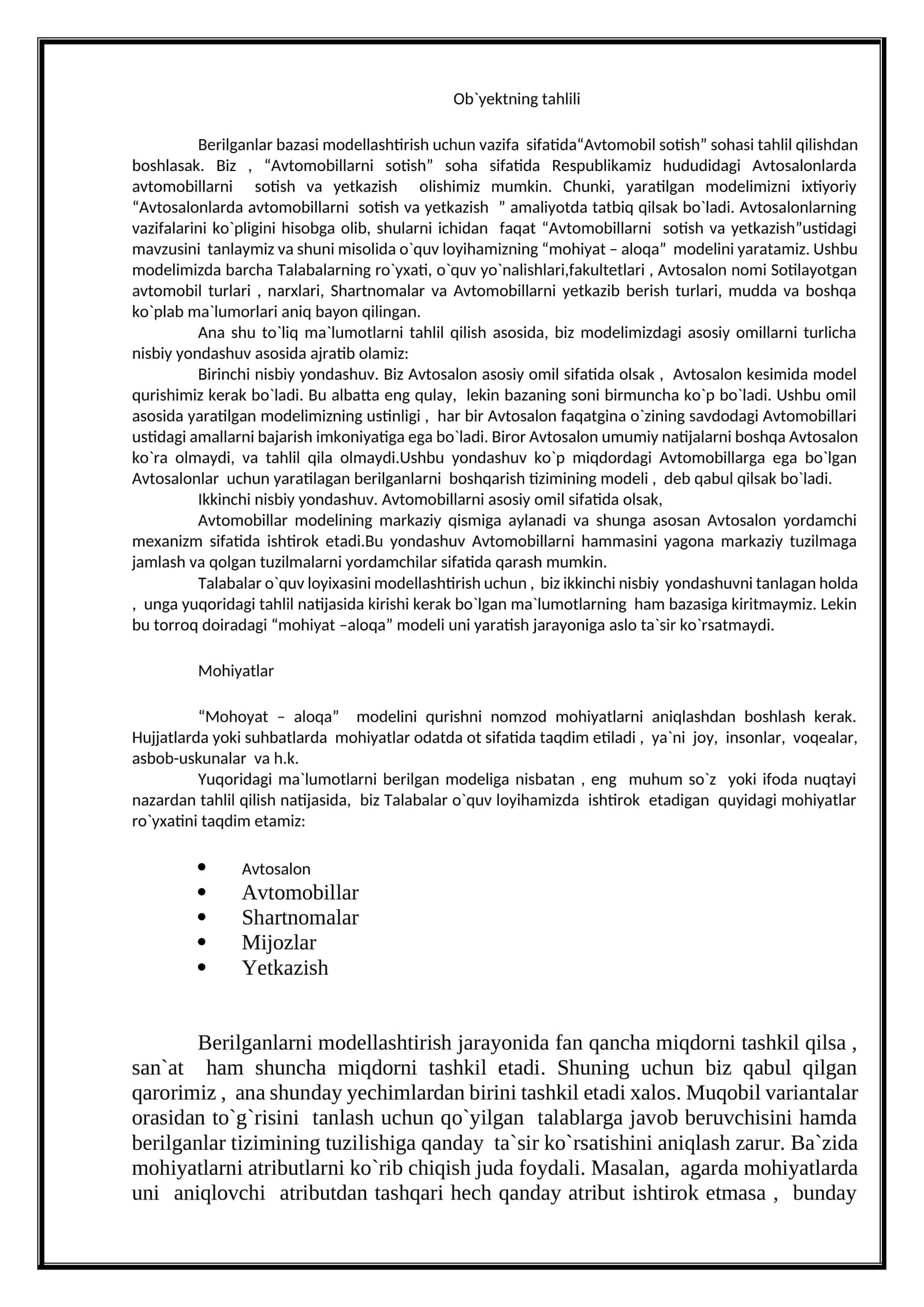 Avtomobillarni sotish va yetkazish tahlili