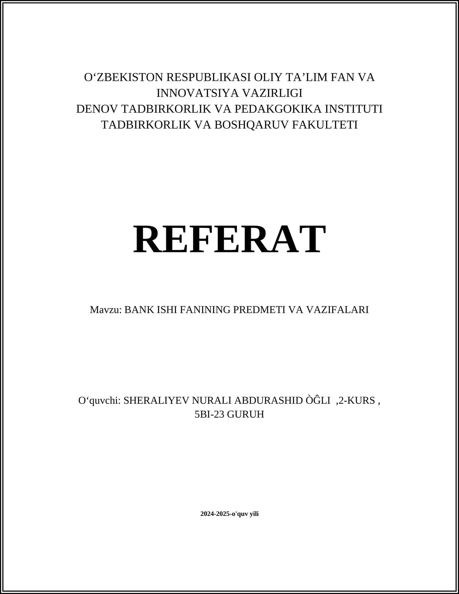 BANK ISHI FANINING PREDMETI VA VAZIFALARI