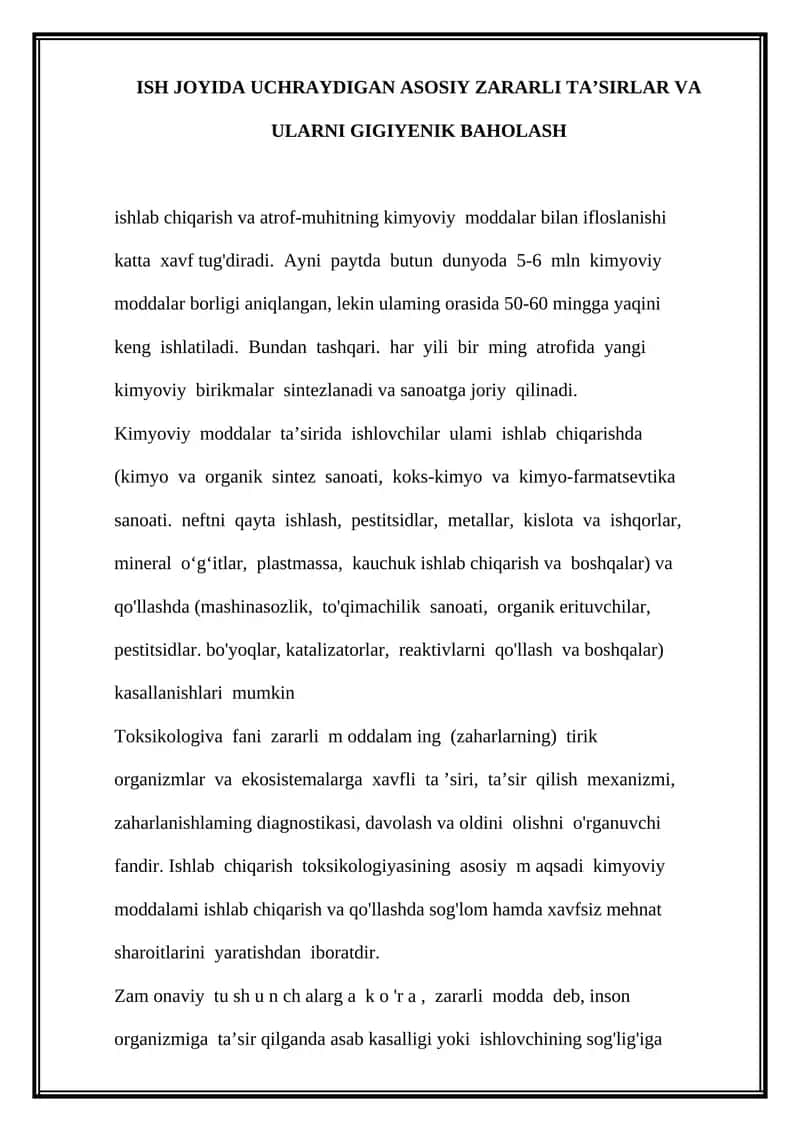 Kimyoviy moddalar va ularning gigiyenik baholash