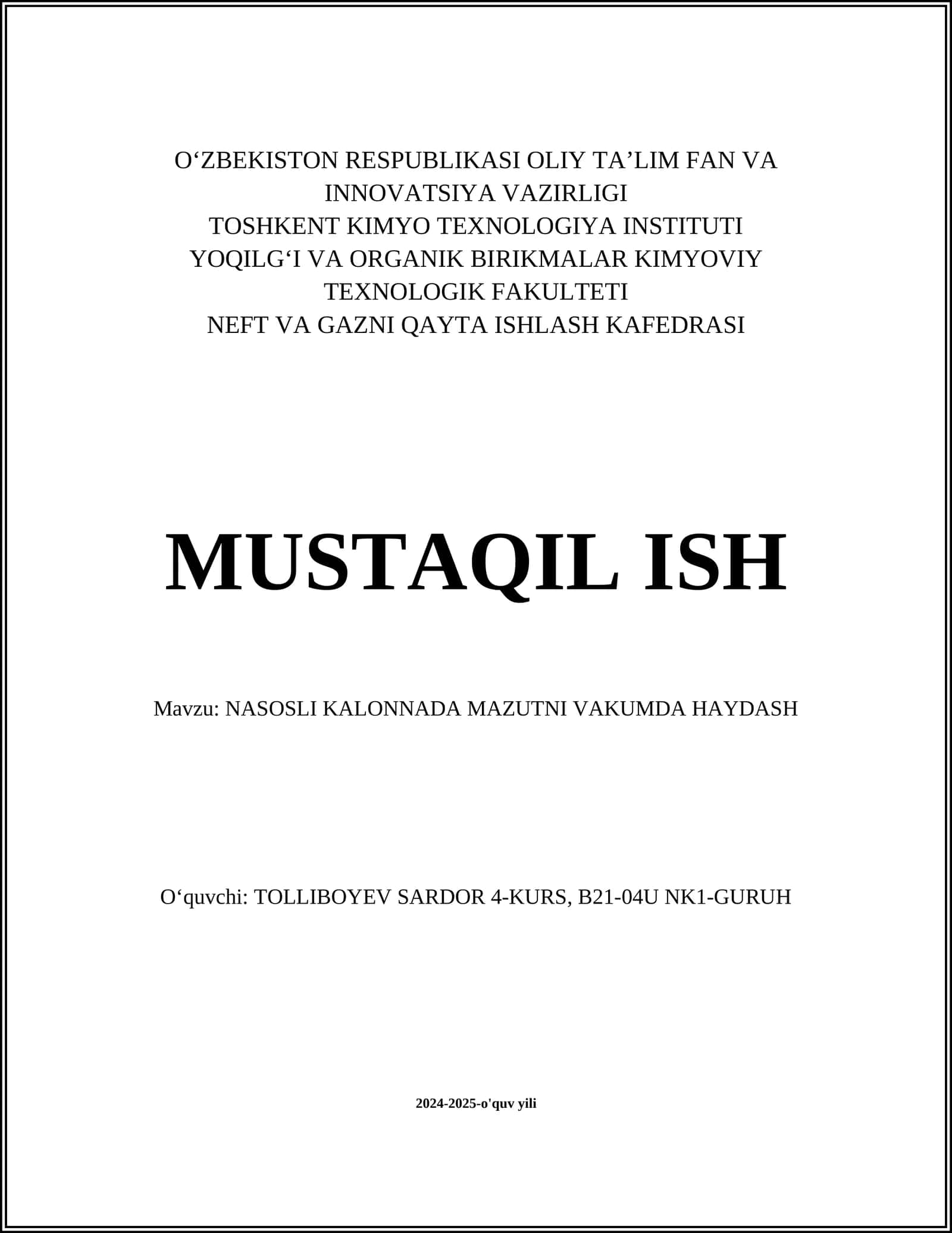NASOSLI KALONNADA MAZUTNI VAKUMDA HAYDASH