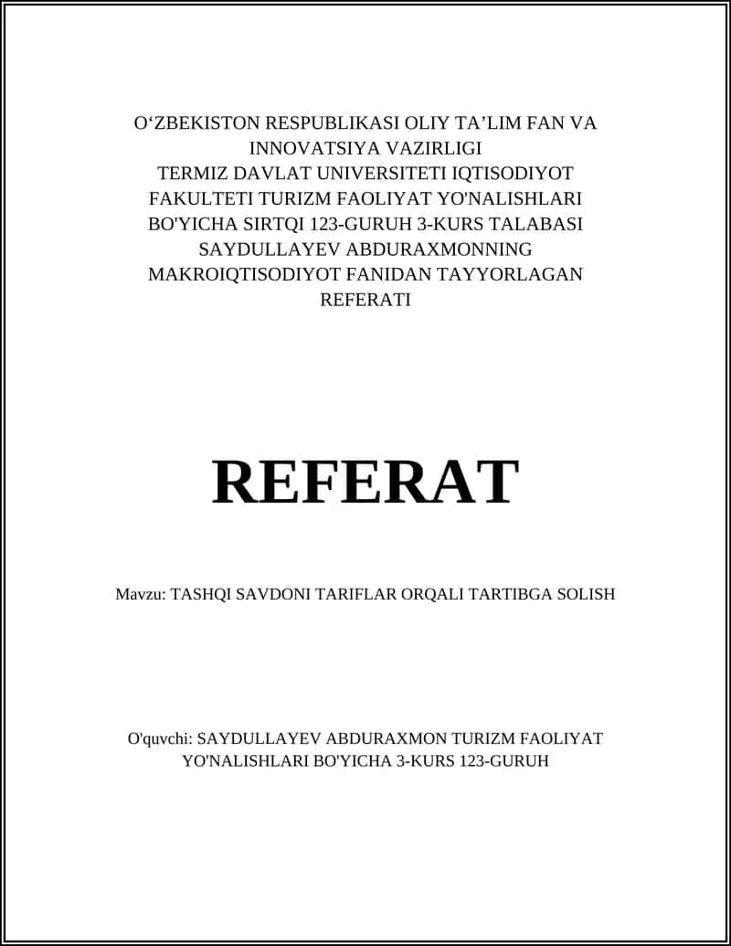 TASHQI SAVDONI TARIFLAR ORQALI TARTIBGA SOLISH