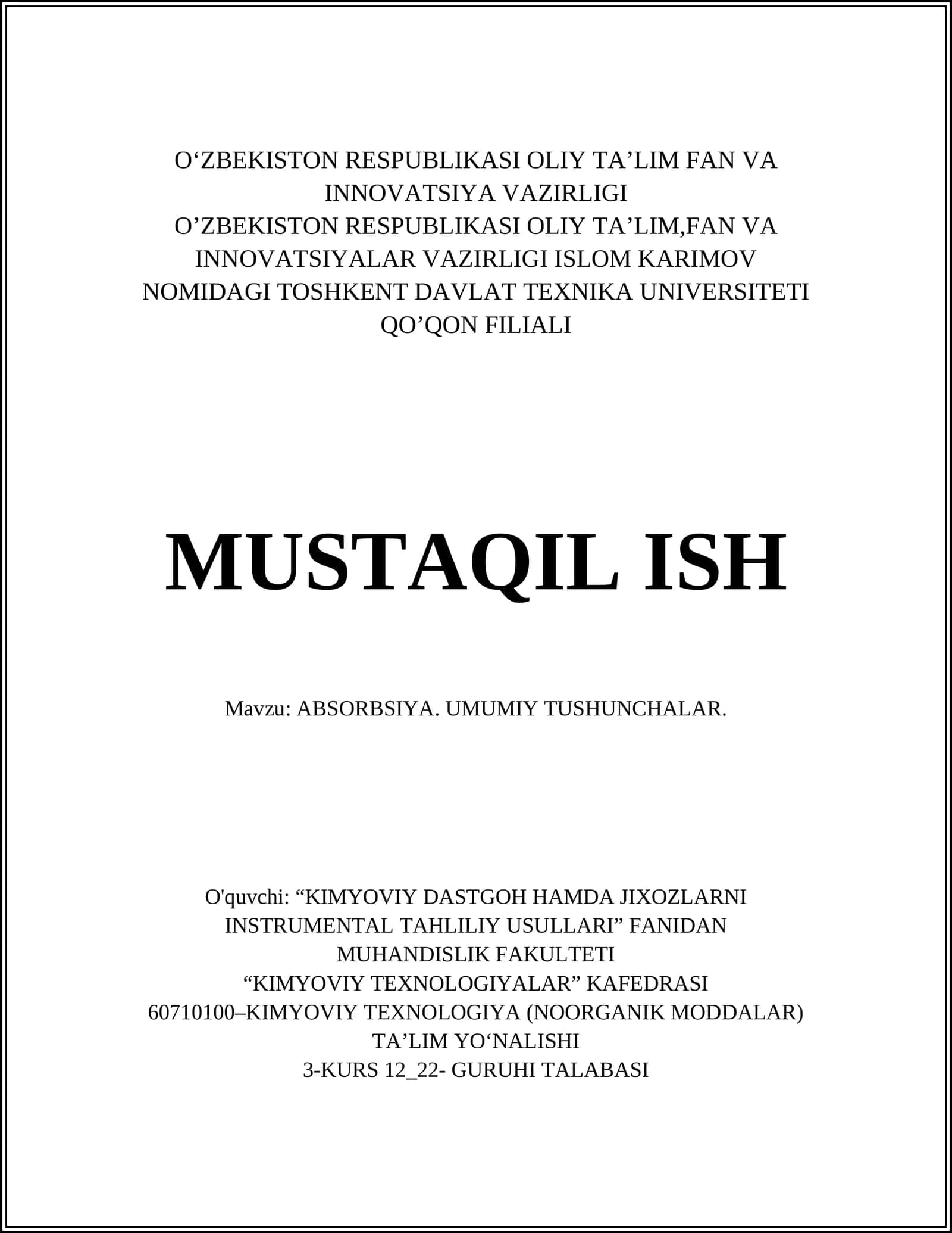 ABSORBSIYA. UMUMIY TUSHUNCHALAR