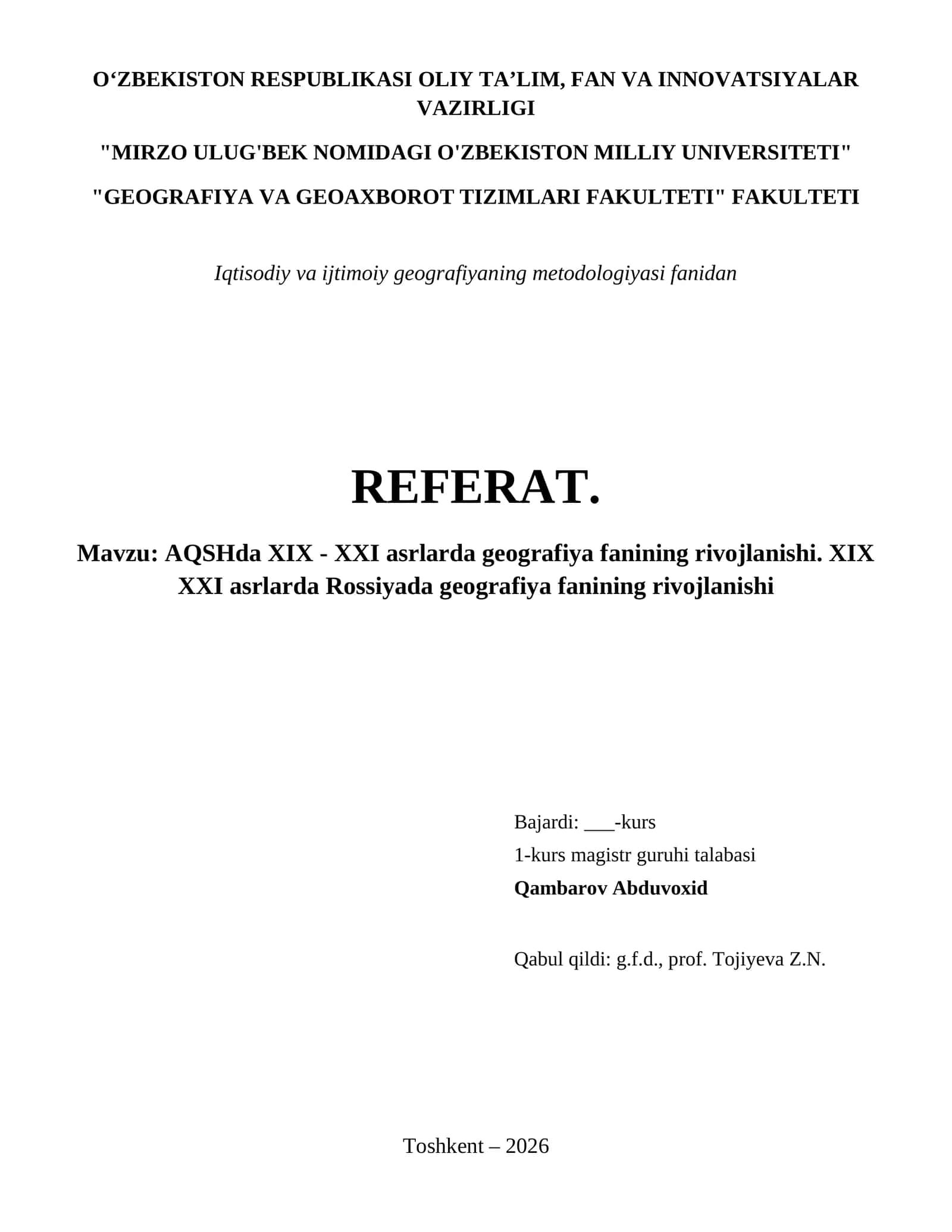 AQSHda XIX - XXI asrlarda geografiya fanining rivojlanishi. XIX