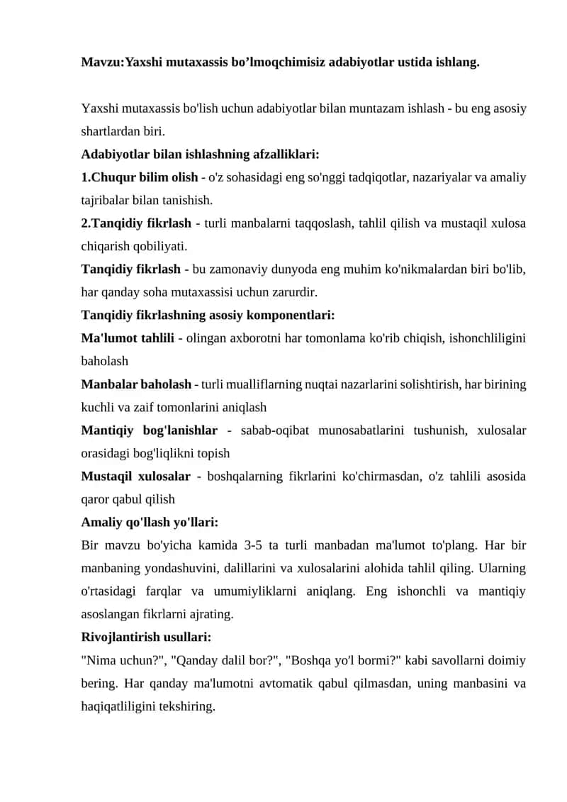 Adabiyotlar bilan muntazam ishlashning afzalliklari