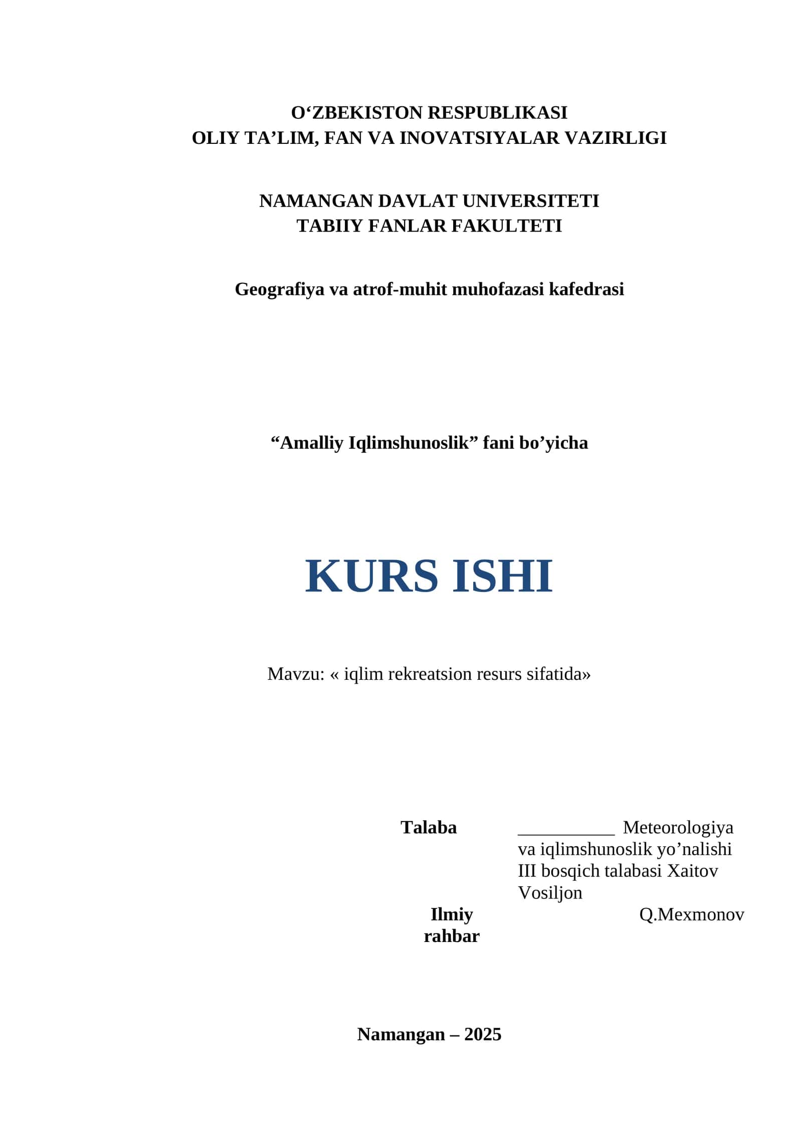 KURS ISHI: Amalliy Iqlimshunoslik, «iqlim rekreatsion resurs sifatida»