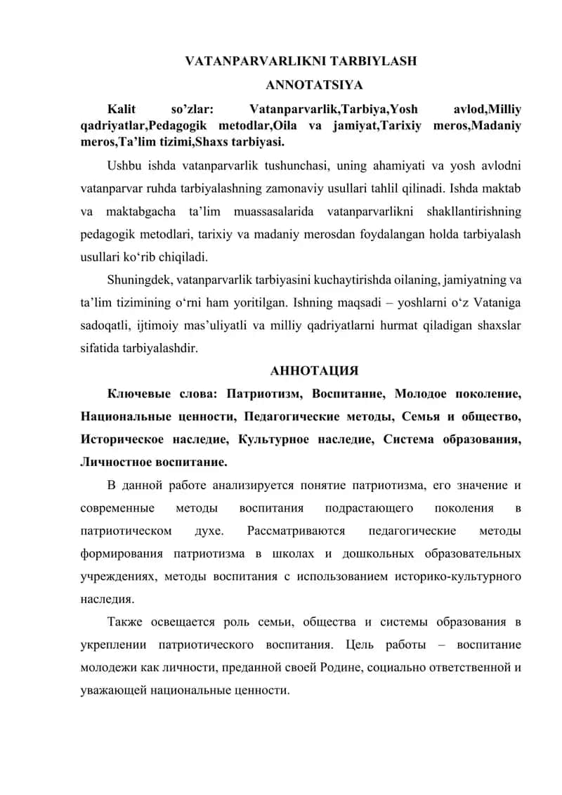 VATANPARVARLIKNI TARBIYLASH