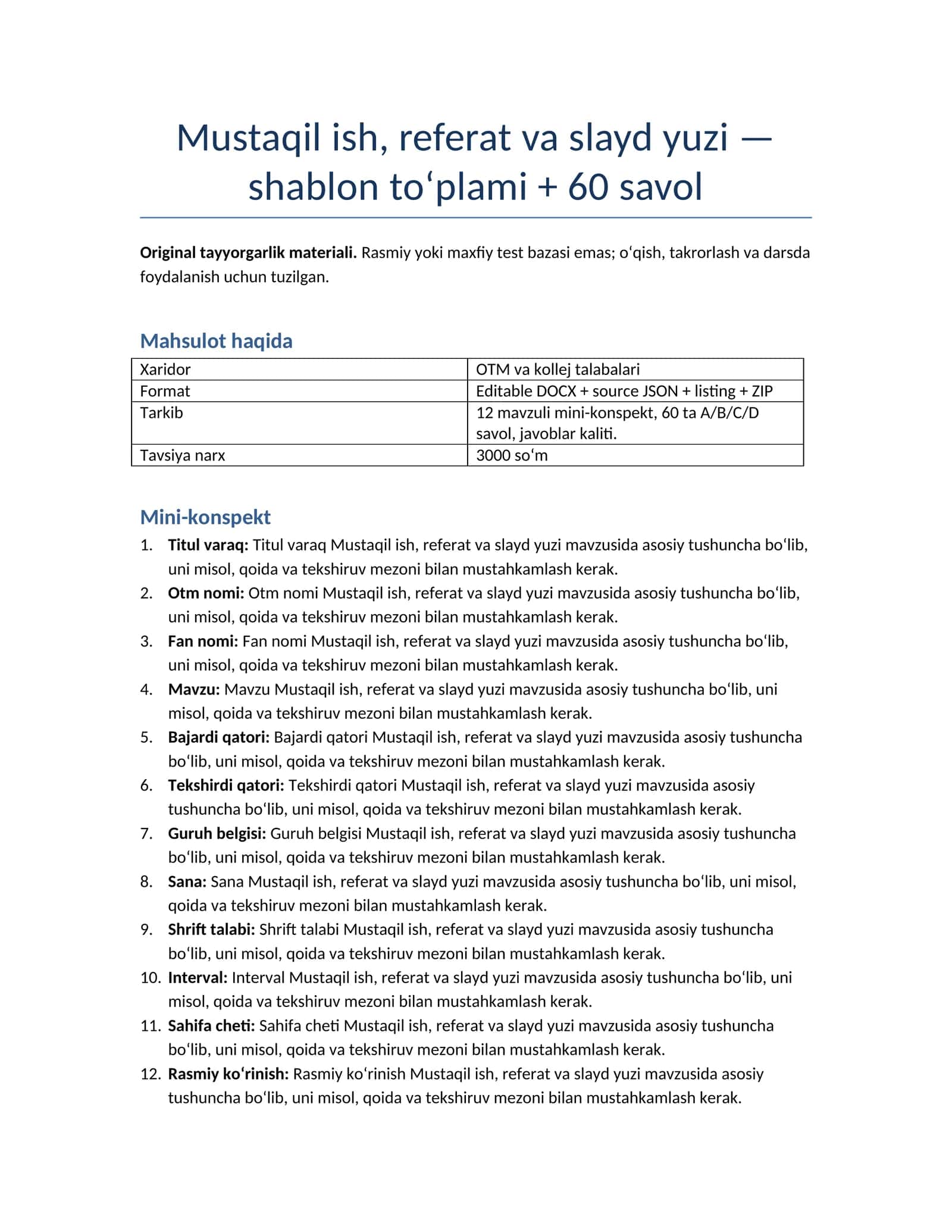 Mini-konspekt shablon to‘plami, 12 mavzuli mini-konspekt, 60 ta A/B/C/D savol, javoblar kaliti