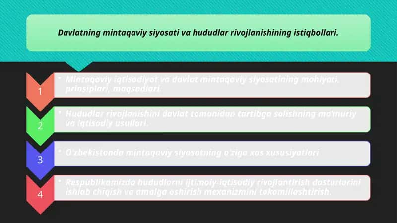 Davlatning mintaqaviy siyosati va hududlar rivojlanishining istiqbollari.