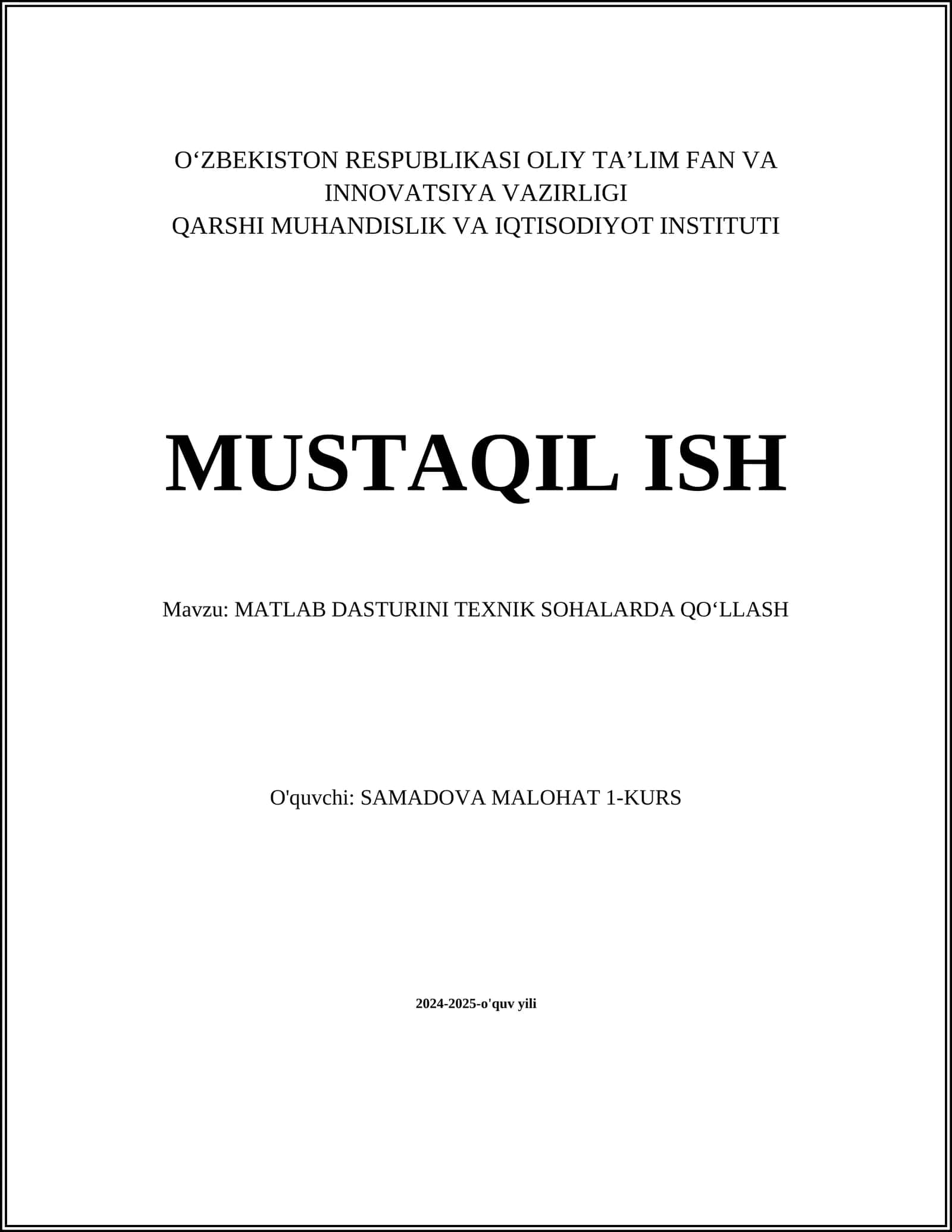 MATLAB DASTURINI TEXNIK SOHALARDA QOʻLLASH