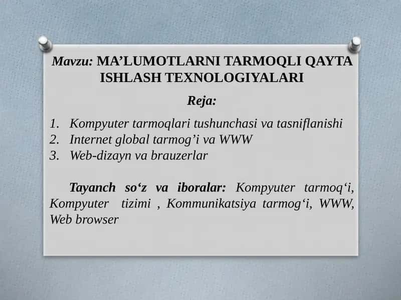 MA’LUMOTLARNI TARMOQLI QAYTA ISHLASH TEXNOLOGIYALARI