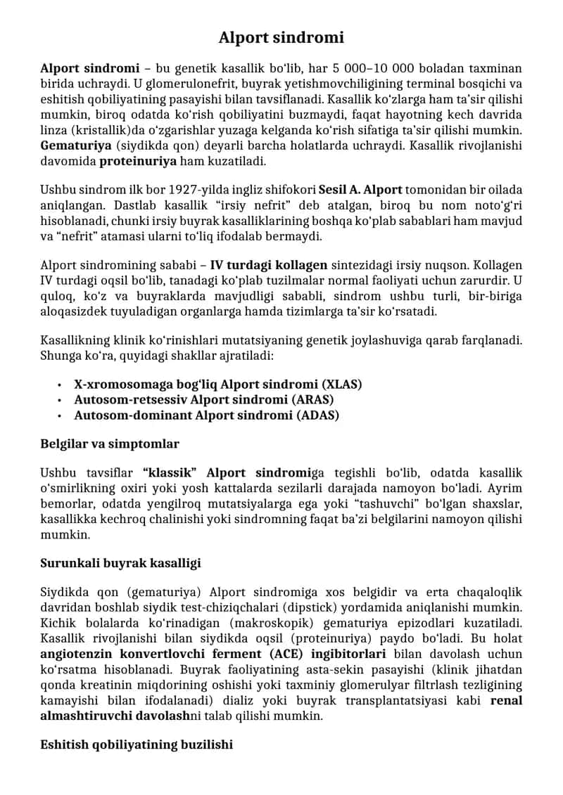 Alport sindromi o'zbek tilida