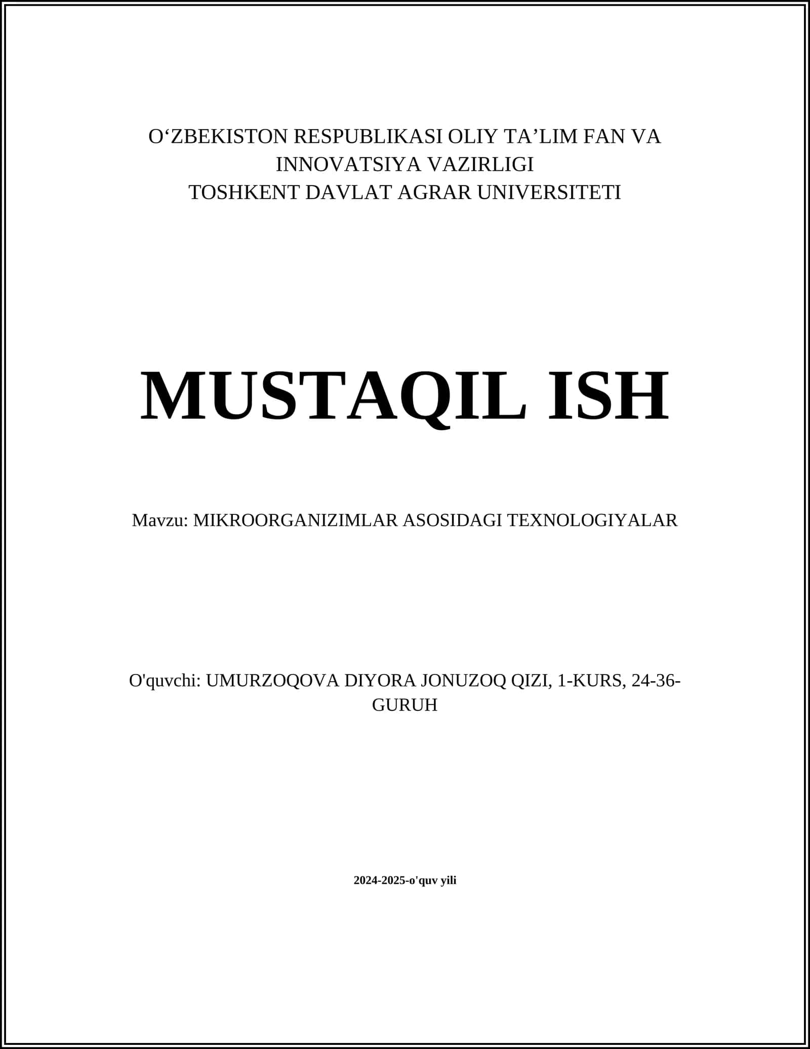 MIKROORGANIZIMLAR ASOSIDAGI TEXNOLOGIYALAR