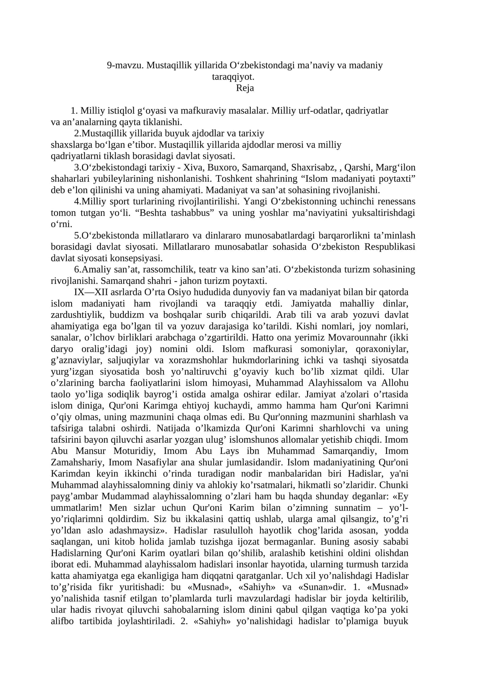 9-mavzu. Mustaqillik yillarida O‘zbekistondagi ma’naviy va madaniy taraqqiyot