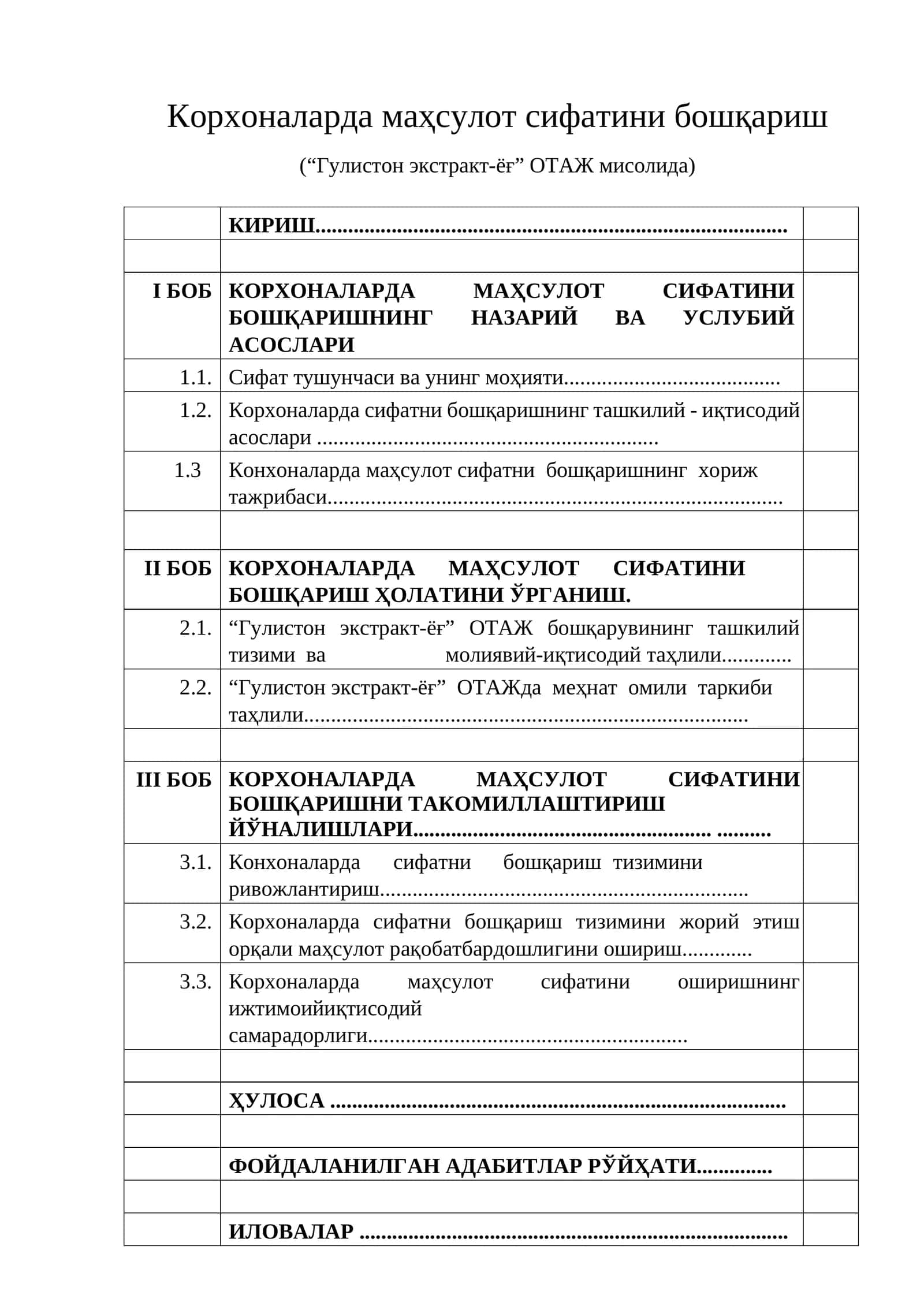 Корхоналарда маҳсулот сифатини бошқариш