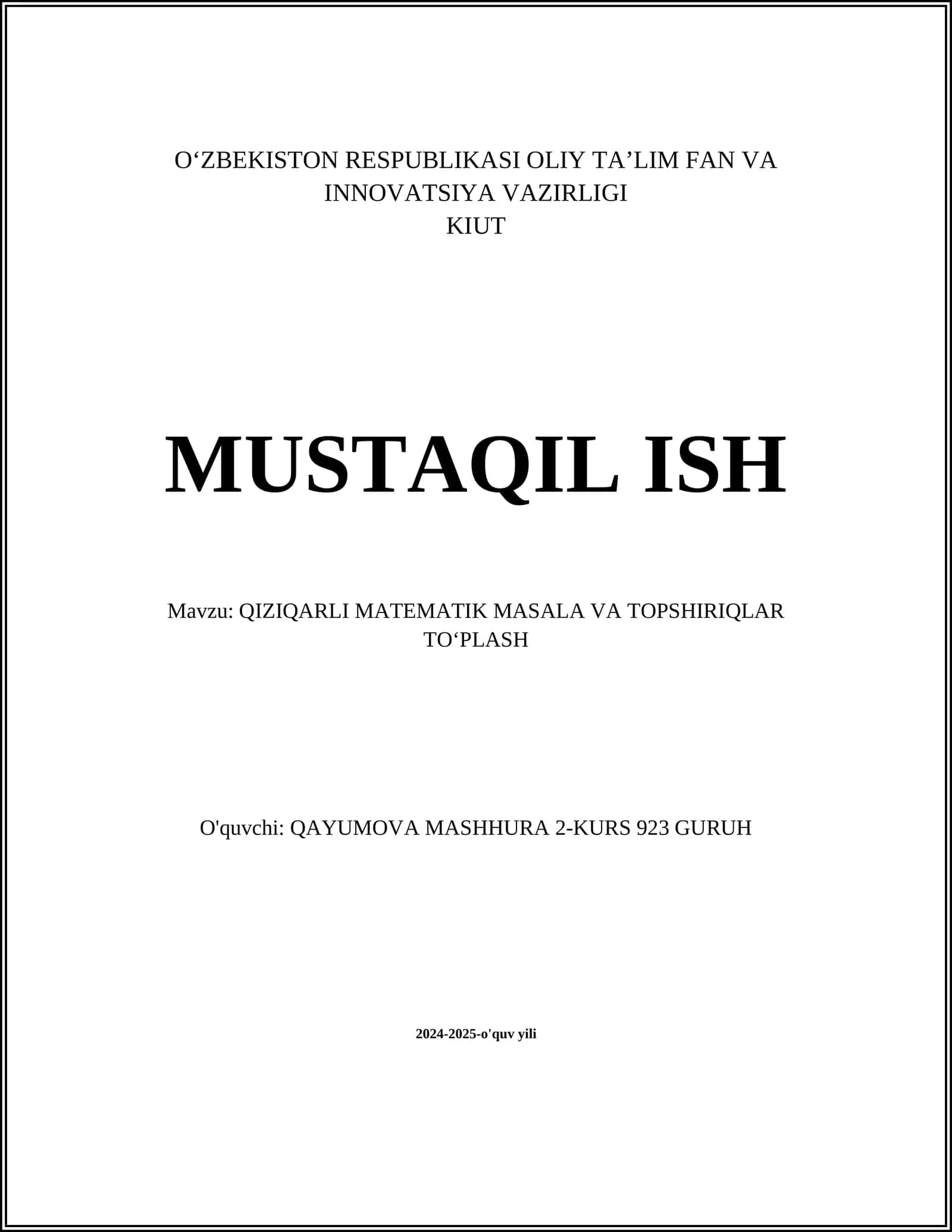 QIZIQARLI MATEMATIK MASALA VA TOPSHIRIQLAR TOʻPLASH