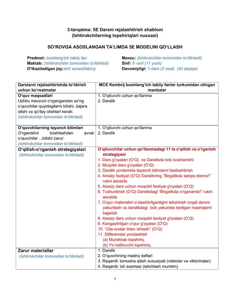 5E Darsni rejalashtirish shabloni